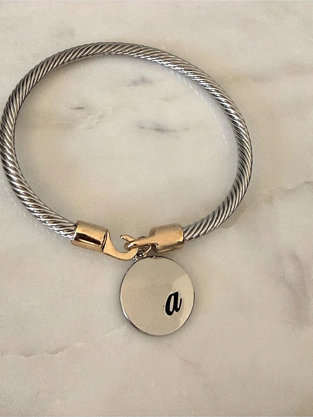 Two-Tone Twisted Cable Bangle Bracelet with Removable Initial "a" Charm